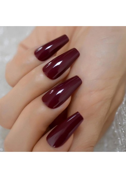 Eda Luxury Beauty Koyu Kırmızı Bordo Takma Tırnak Lüks Parlak Extra Uzun Kare Coffin Ballerina Nail Art Set