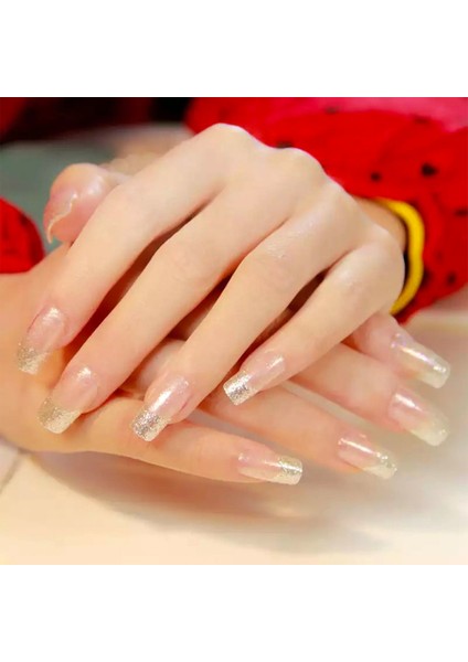 Gümüş Simli French Takma Tırnak Lüks Parlak Desenli Uzun Kare Ballerina Nail Art Yapıştırıcılı Set