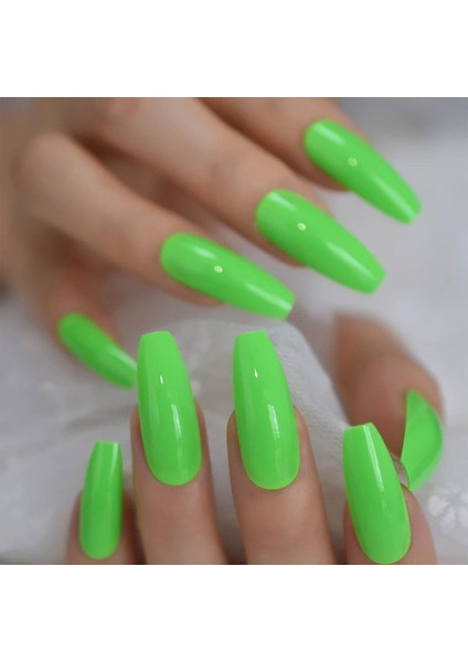 Yeşil Takma Tırnak Lüks Parlak Neon Extra Uzun Kare Ballerina Nail Art Yapıştırıcılı Set