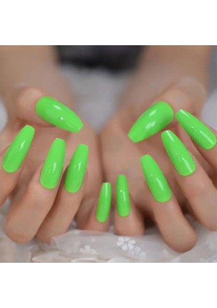 Yeşil Takma Tırnak Lüks Parlak Neon Extra Uzun Kare Ballerina Nail Art Yapıştırıcılı Set