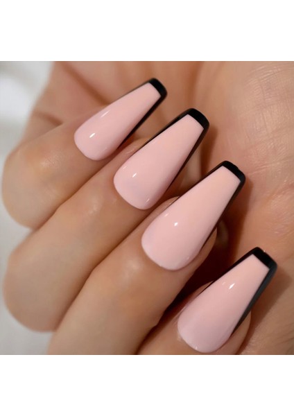 Natürel Pembe Siyah French Takma Tırnak Lüks Parlak Desenli Extra Uzun Kare Ballerina Nail Art Set