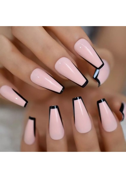 Natürel Pembe Siyah French Takma Tırnak Lüks Parlak Desenli Extra Uzun Kare Ballerina Nail Art Set