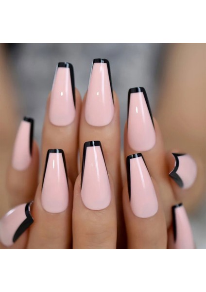 Natürel Pembe Siyah French Takma Tırnak Lüks Parlak Desenli Extra Uzun Kare Ballerina Nail Art Set