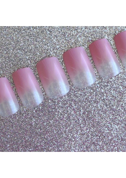 Pembe Simli French Takma Tırnak Lüks Parlak Desenli Extra Uzun Kare Ballerina Nail Art Set