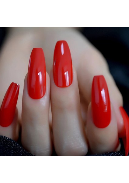 Kırmızı Takma Tırnak Lüks Parlak Extra Uzun Kare Coffin Ballerina Nail Art Yapıştırıcılı Set