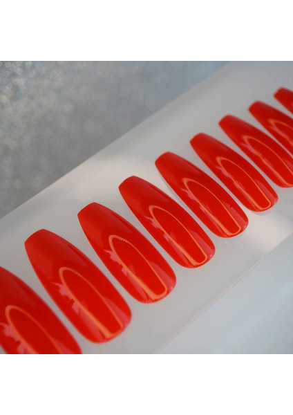 Kırmızı Takma Tırnak Lüks Parlak Extra Uzun Kare Coffin Ballerina Nail Art Yapıştırıcılı Set