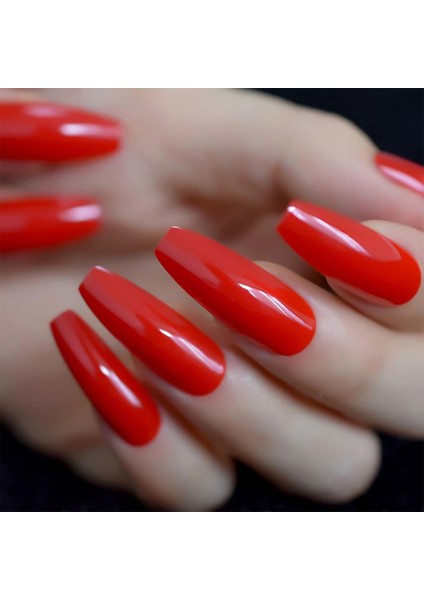 Kırmızı Takma Tırnak Lüks Parlak Extra Uzun Kare Coffin Ballerina Nail Art Yapıştırıcılı Set
