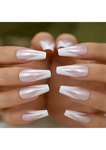 Inci Pembe Beyaz French Takma Tırnak Lüks Parlak Doğal Desenli Extra Uzun Kare Coffin Nail Art Set fiyatları