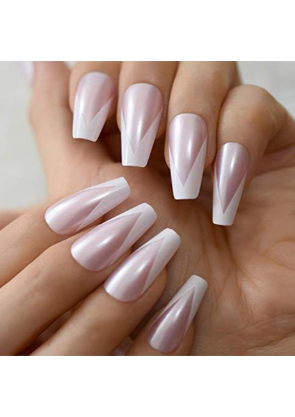 Inci Pembe Beyaz French Takma Tırnak Lüks Parlak Doğal Desenli Extra Uzun Kare Coffin Nail Art Set modelleri