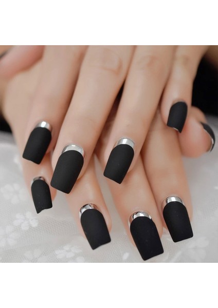 Siyah Gümüş Mat French Takma Tırnak Lüks Desenli Uzun Kare Ballerina Nail Art Yapıştırıcılı Set