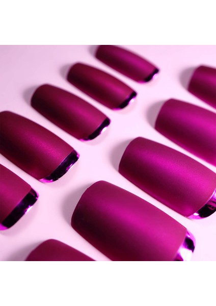 Pembe Mat French Takma Tırnak Lüks Profesyonel Uzun Kare Köşeli Ballerina Nail Art Yapıştırıcılı Set