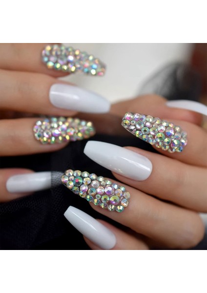 Beyaz Takma Tırnak Lüks Parlak Kristal Taşlı Desenli Extra Uzun Kare Köşeli Ballerina Nail Art Set