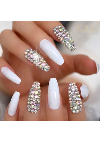 Beyaz Takma Tırnak Lüks Parlak Kristal Taşlı Desenli Extra Uzun Kare Köşeli Ballerina Nail Art Set