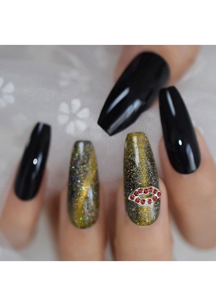 Yeşil Siyah Galaksi Takma Tırnak Lüks Taşlı Desenli Extra Uzun Kare Köşeli Ballerina Nail Art Set