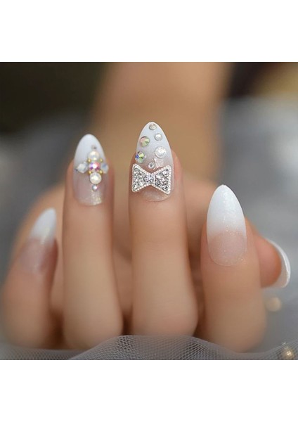 Beyaz Simli Ombre French Takma Tırnak Lüks Kristal Taşlı Desenli Uzun Oval Stiletto Nail Art Set