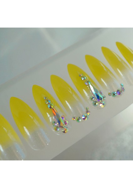 Sarı French Takma Tırnak Lüks Kristal Taşlı Desenli Extra Uzun Sivri Uçlu Stiletto Nail Art Set