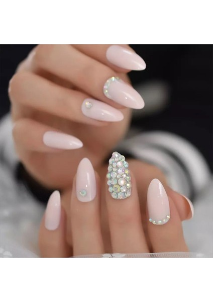 Pembe Takma Tırnak Lüks Parlak Kristal Taşlı Desenli Extra Uzun Oval Stiletto Nail Art Set