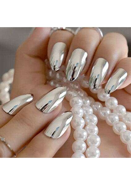 Eda Luxury Beauty Gümüş Metalik Takma Tırnak Lüks Parlak Uzun Oval Almond Stiletto Nail Art Yapıştırıcı Set