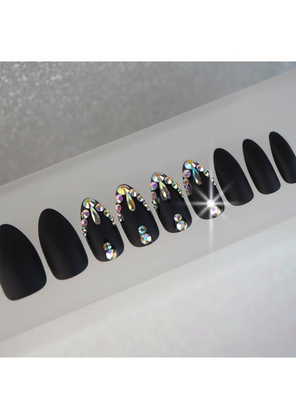Siyah Mat Takma Tırnak Lüks Kristal Taşlı Desenli Uzun Oval Stiletto Press On Nail Art Set