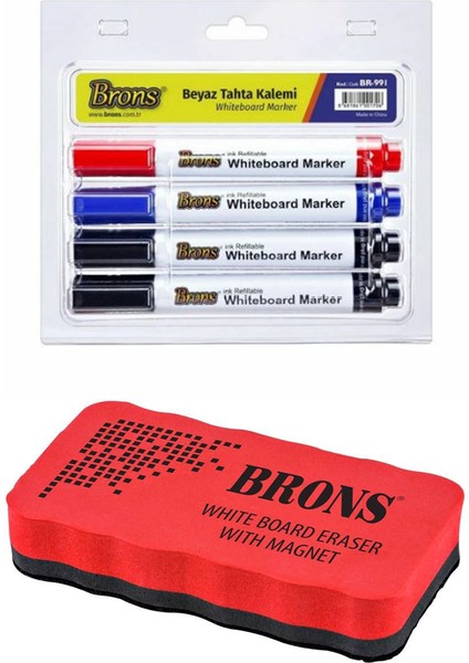 BR-991 Beyaz Tahta Kalemi 4'lü + Mıknatıslı Eva Tahta Silgisi Seti