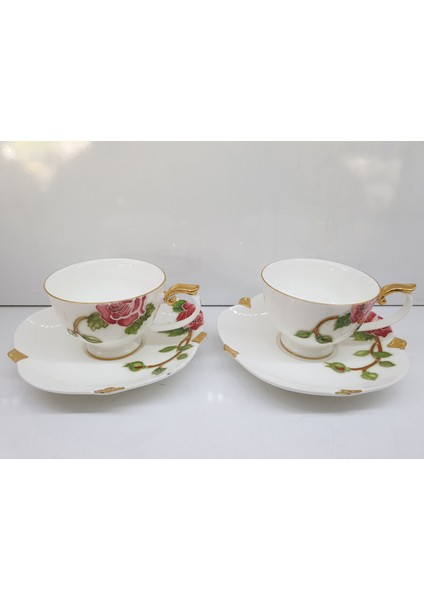 Royelıa Fine Bone China Kahve Seti 2 Kişilik, Porselen, Güllü Beyaz Desen
