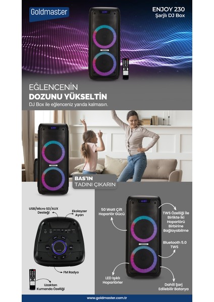 Enjoy 230 Radyolu Işıklı Şarjlı Bluetooth Hoparlör