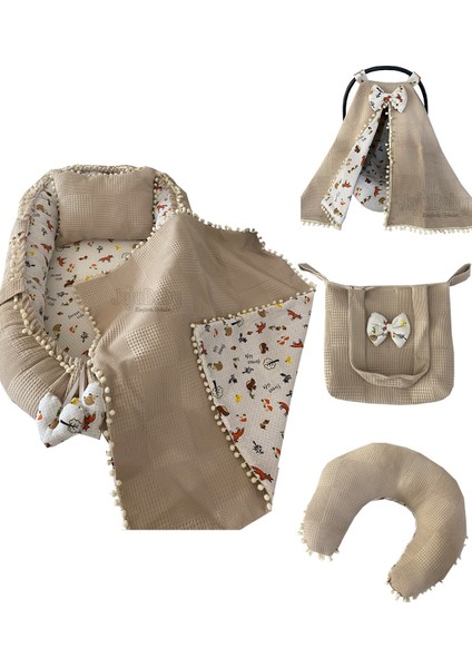Pike Kumaş ve Müslin Kumaş Tilki Tasarım Ponponlu 7'li Babynest Set
