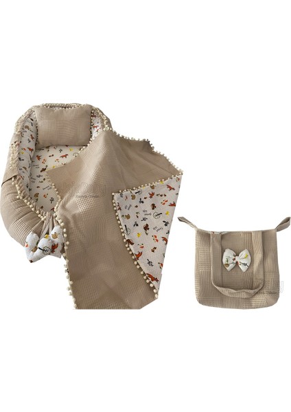 Pike Kumaş ve Müslin Kumaş Tilki Tasarım Ponponlu 4'lü Babynest Set