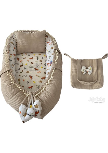 Pike Kumaş ve Müslin Kumaş Tilki Tasarım Ponponlu 3'lü Babynest Set