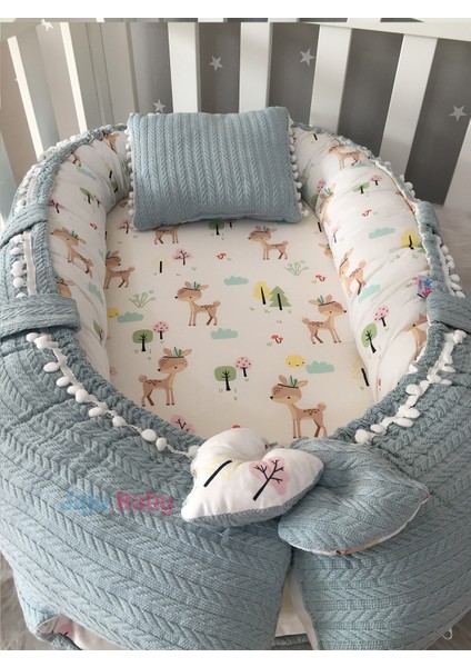 Jaju Baby Yeşil Örgü Kumaş Ceylan Tasarım Ponponlu Babynest