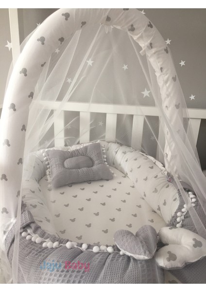 Gri Wafle Pike Kumaş Micky Tasarım Ponponlu Oyuncak Aparat ve Tül Babynest Set