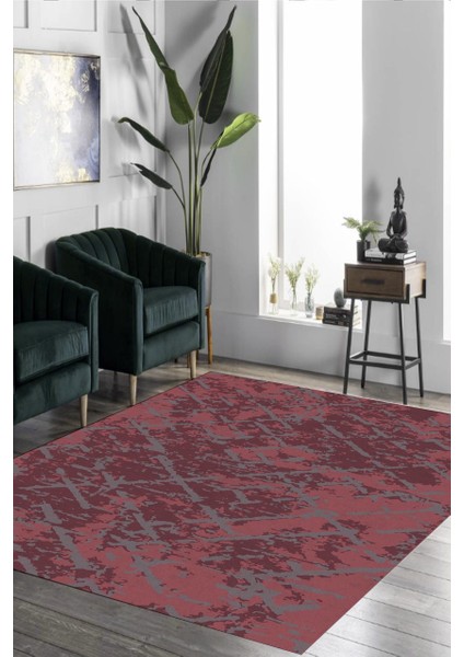 Bordo Çapraz Desen Eskitme Halı Makinede Yıkanabilir