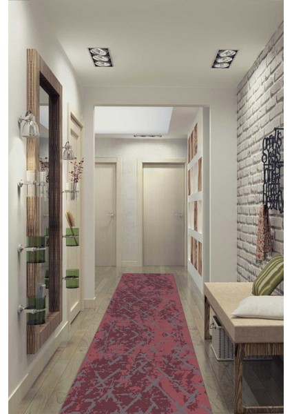 Bordo Çapraz Desen Eskitme Halı Makinede Yıkanabilir