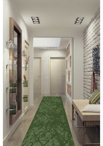 Yeşil Çapraz Desen Eskitme Halı Makinede Yıkanabilir