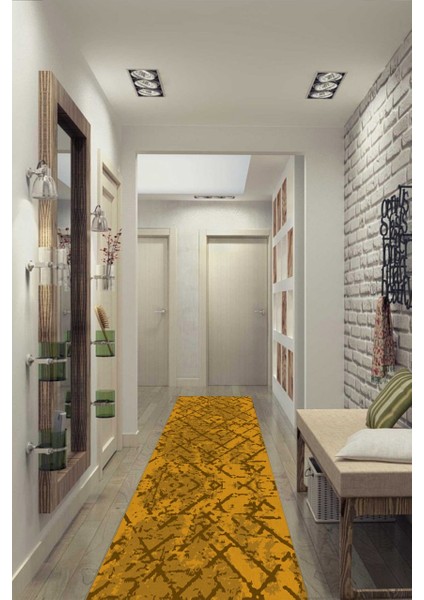 Hardal Renkli Çapraz Desen Eskitme Halı Makinede Yıkanabilir