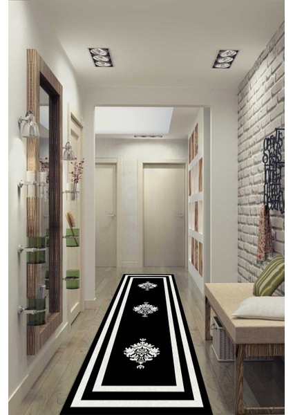 Beyaz Motifli Siyah Halı Makinede Yıkanabilir