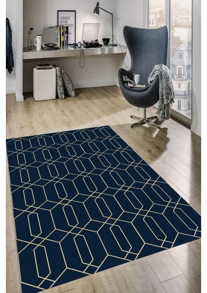 Lacivert Kristal Desenli Halı Makinede Yıkanabilir