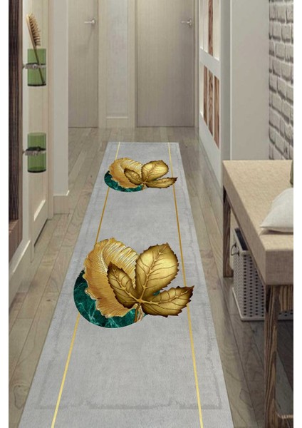 Gold Yaprak Desenli Gri Halı Makinede Yıkanabilir