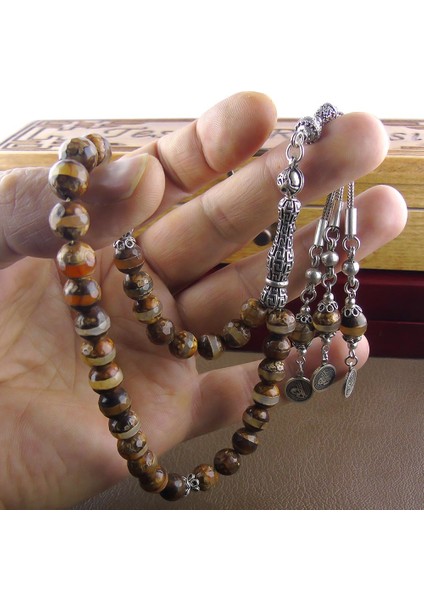 Gümüş Aksasuarlı Çizgili Tiger Akik Tesbih fiyatları