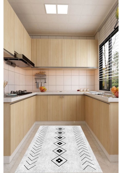 Siyah Geometrik Desenli Beyaz Halı Makinede Yıkanabilir