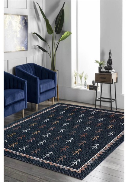 Kilim Desenli Siyah Halı Makinede Yıkanabilir