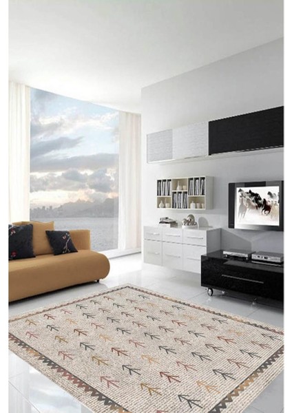 Kilim Desenli Krem Halı Makinede Yıkanabilir