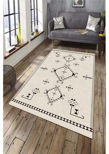 Siyah Geometrik Şekilli Kilim Desenli Halı Makinede Yıkanabilir