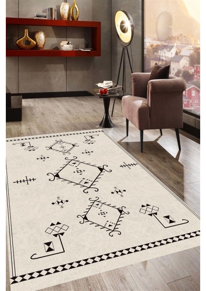 Siyah Geometrik Şekilli Kilim Desenli Halı Makinede Yıkanabilir