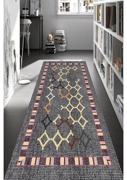 Gri Kilim Desenli Halı Makinede Yıkanabilir