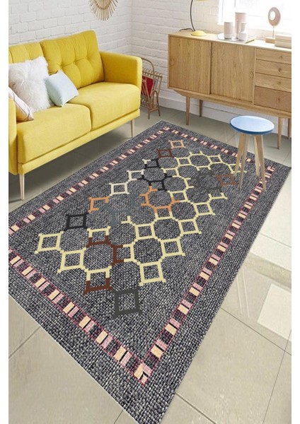 Gri Kilim Desenli Halı Makinede Yıkanabilir