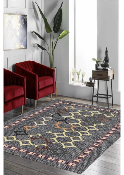 Gri Kilim Desenli Halı Makinede Yıkanabilir
