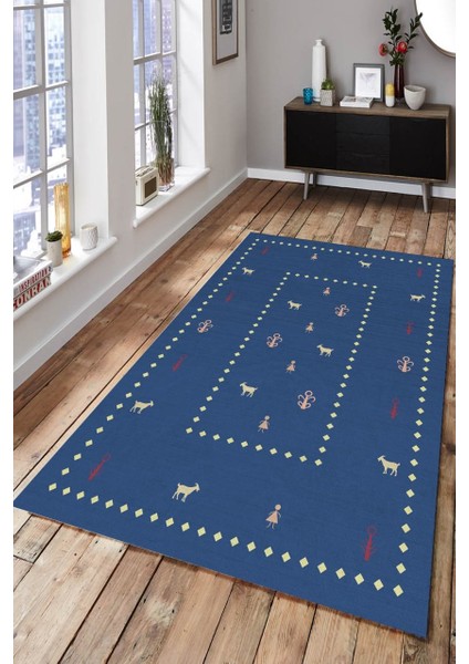 Mavi Göçebe Kilim Desenli Halı Makinede Yıkanabilir