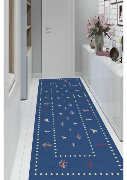 Mavi Göçebe Kilim Desenli Halı Makinede Yıkanabilir
