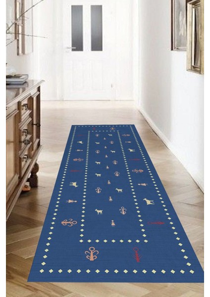 Mavi Göçebe Kilim Desenli Halı Makinede Yıkanabilir